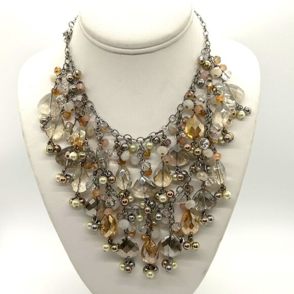 Ann Taylor Loft Bibbed Necklace Statement Glass, Faux Pearl & Beads Silver-tone - Picture 2 of 10